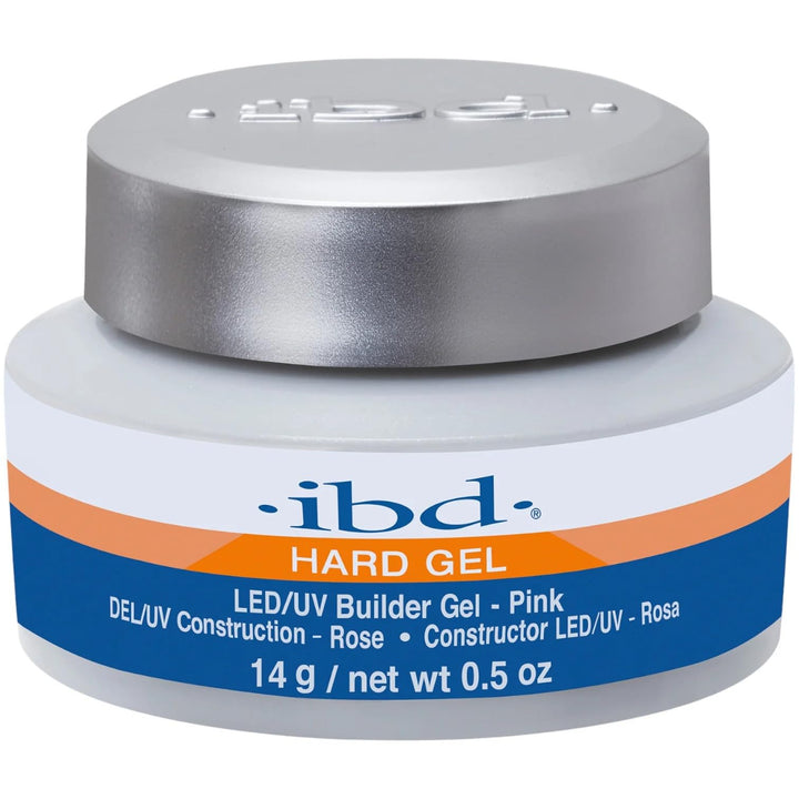 IBD hard gel pink front bottle showing label and compact .5 oz packaging benefit: professional quality