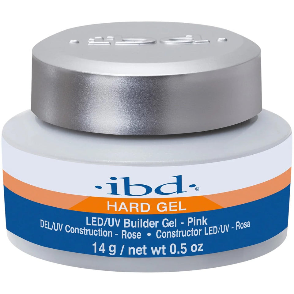 IBD hard gel pink front bottle showing label and compact .5 oz packaging benefit: professional quality