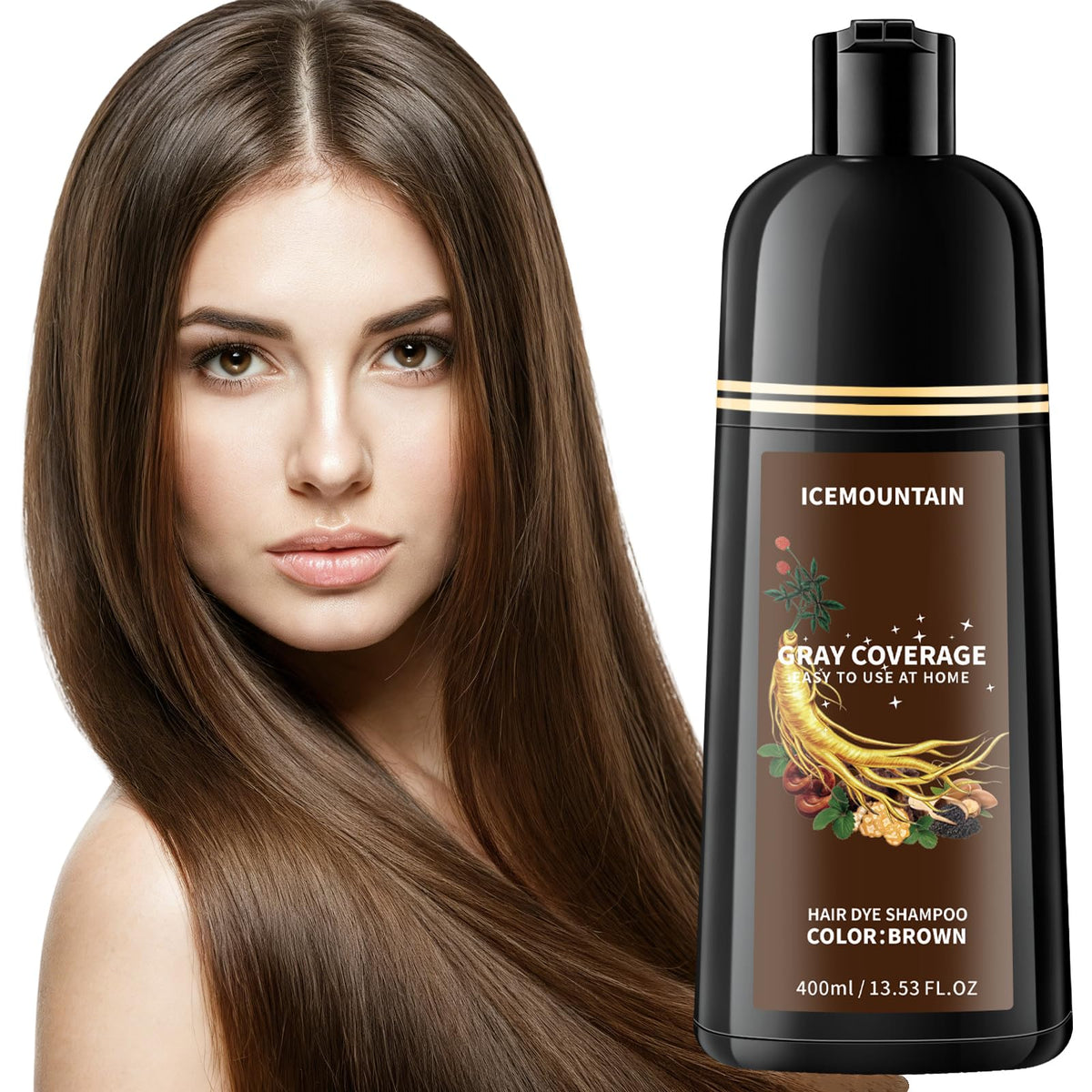 ICEMOUNTAIN front bottle showing brown dye shampoo benefits