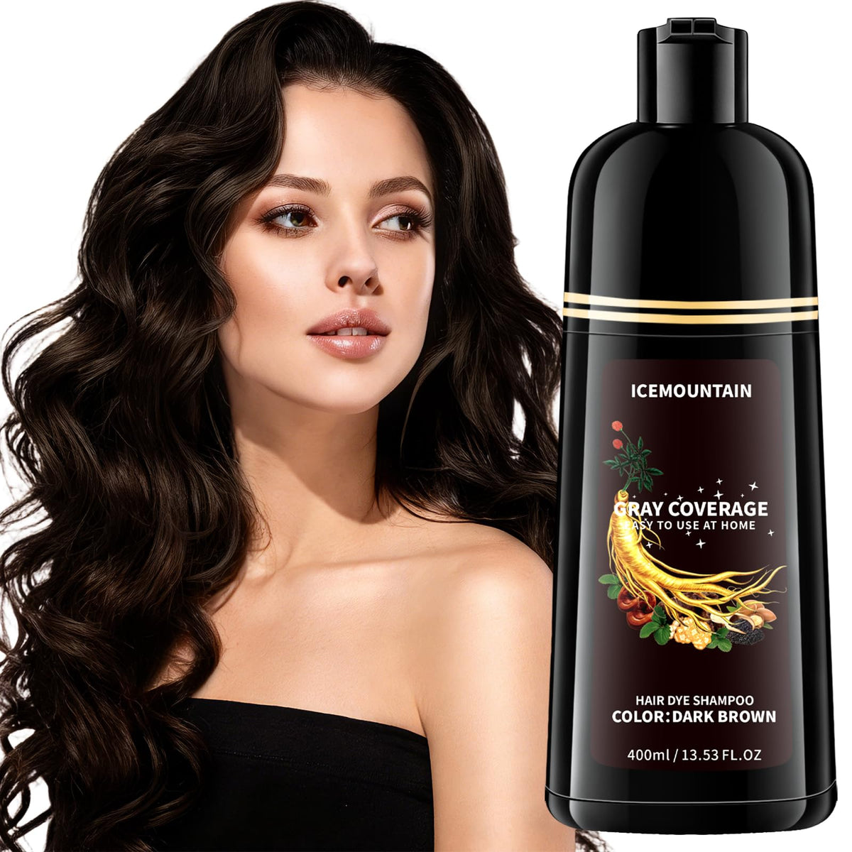 ICEMOUNTAIN front bottle showing dark brown shade and quick-use benefit