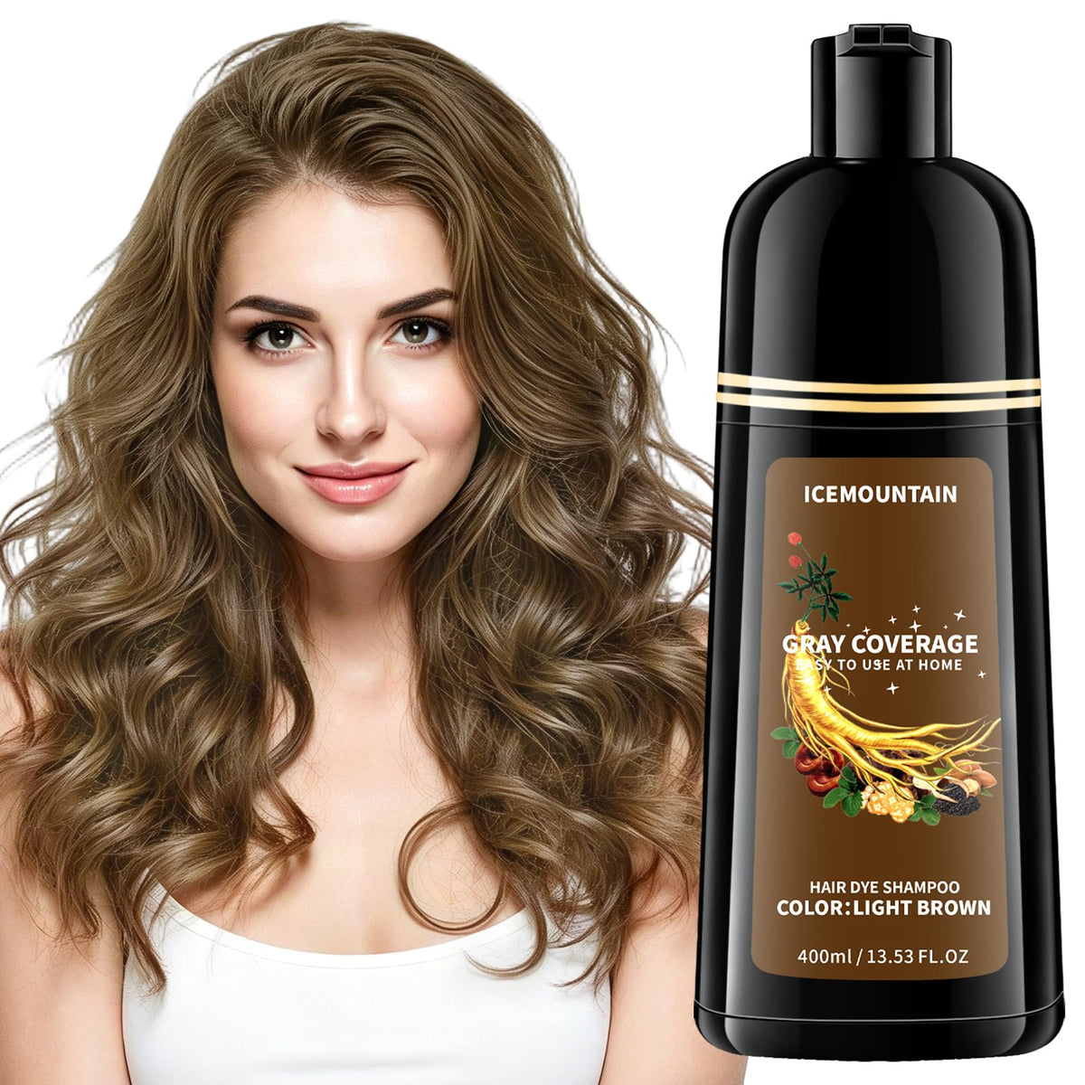 ICEMOUNTAIN front bottle shot showing product benefits and light brown shade