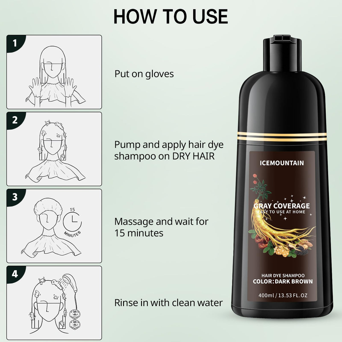ICEMOUNTAIN open cap dispensing shampoo showing mess-free application benefit