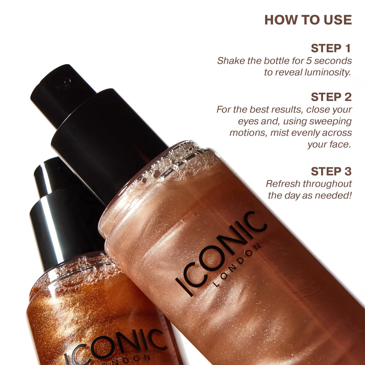 ICONIC LONDON mist landing on skin demonstrating instant radiance benefit