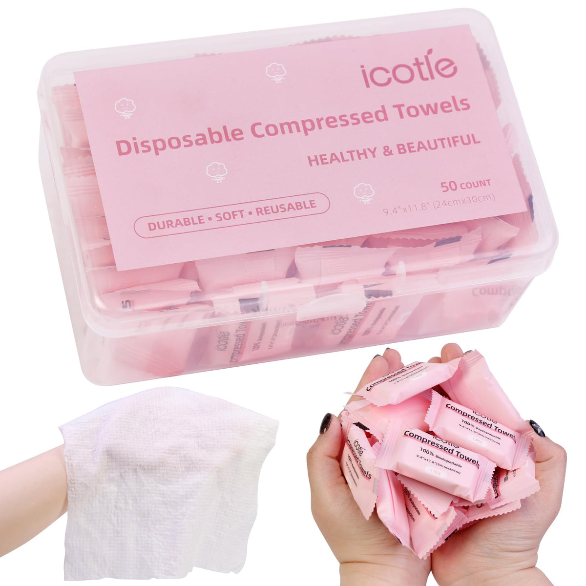 ICOTLE front box packaging showing 50-piece compact travel pack and convenience
