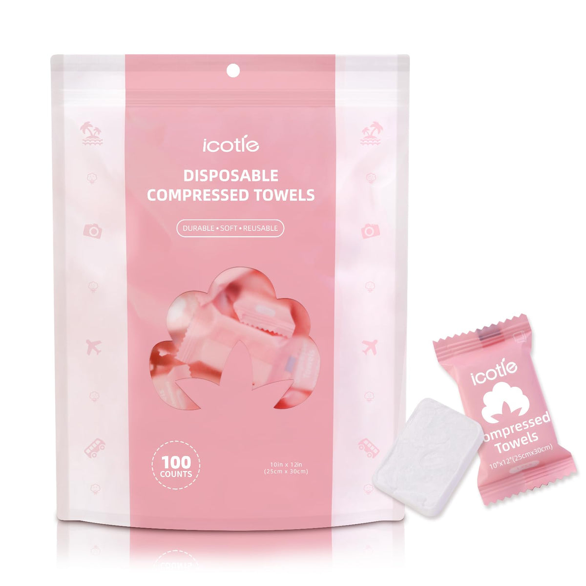 ICOTLE front packaging showing 100 compressed towels and clear count benefit