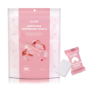 ICOTLE front packaging showing 100 compressed towels and clear count benefit
