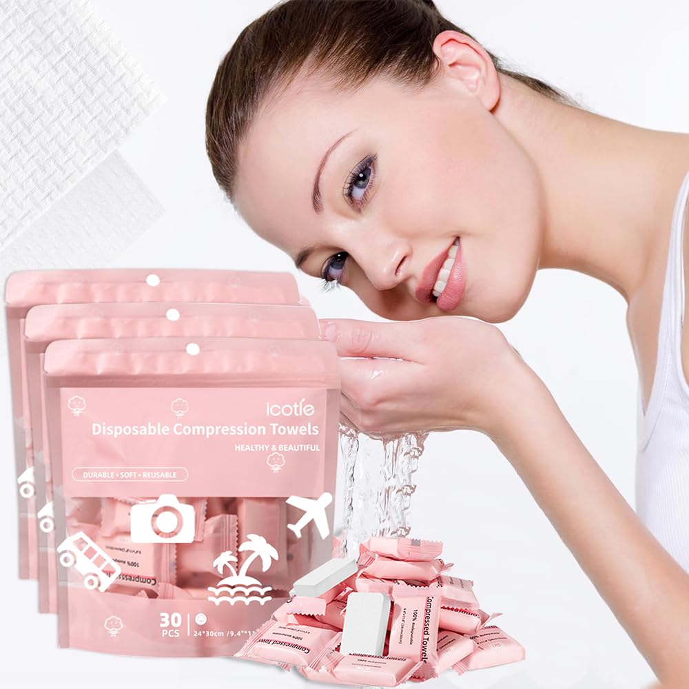 ICOTLE front packaging showing 90 compressed towels and compact box benefit
