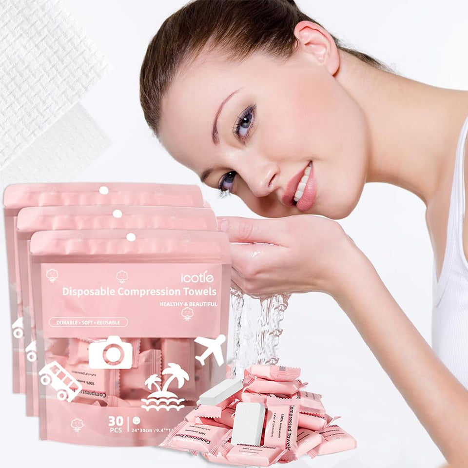 ICOTLE front packaging showing 90 compressed towels and compact box benefit