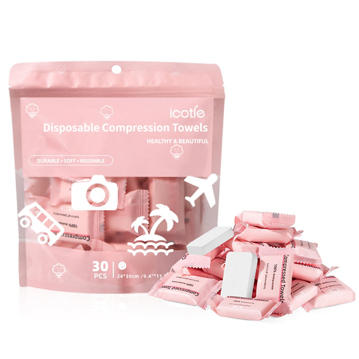 ICOTLE front packaging showing 30 compressed towels and branding convenience