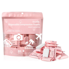 ICOTLE front packaging showing 30 compressed towels and branding convenience