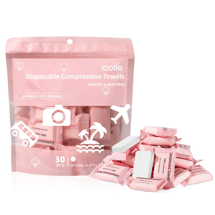 ICOTLE front packaging showing 30 compressed towels and branding convenience