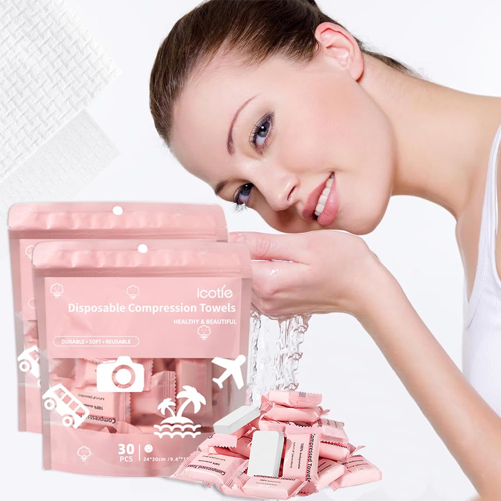 ICOTLE front packaging showing 60 compressed towels and benefits