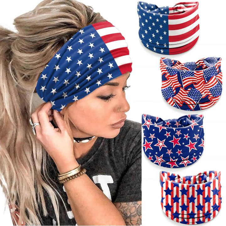 IDDFEVE front view of four patriotic headbands showing vibrant flag patterns and bold colors