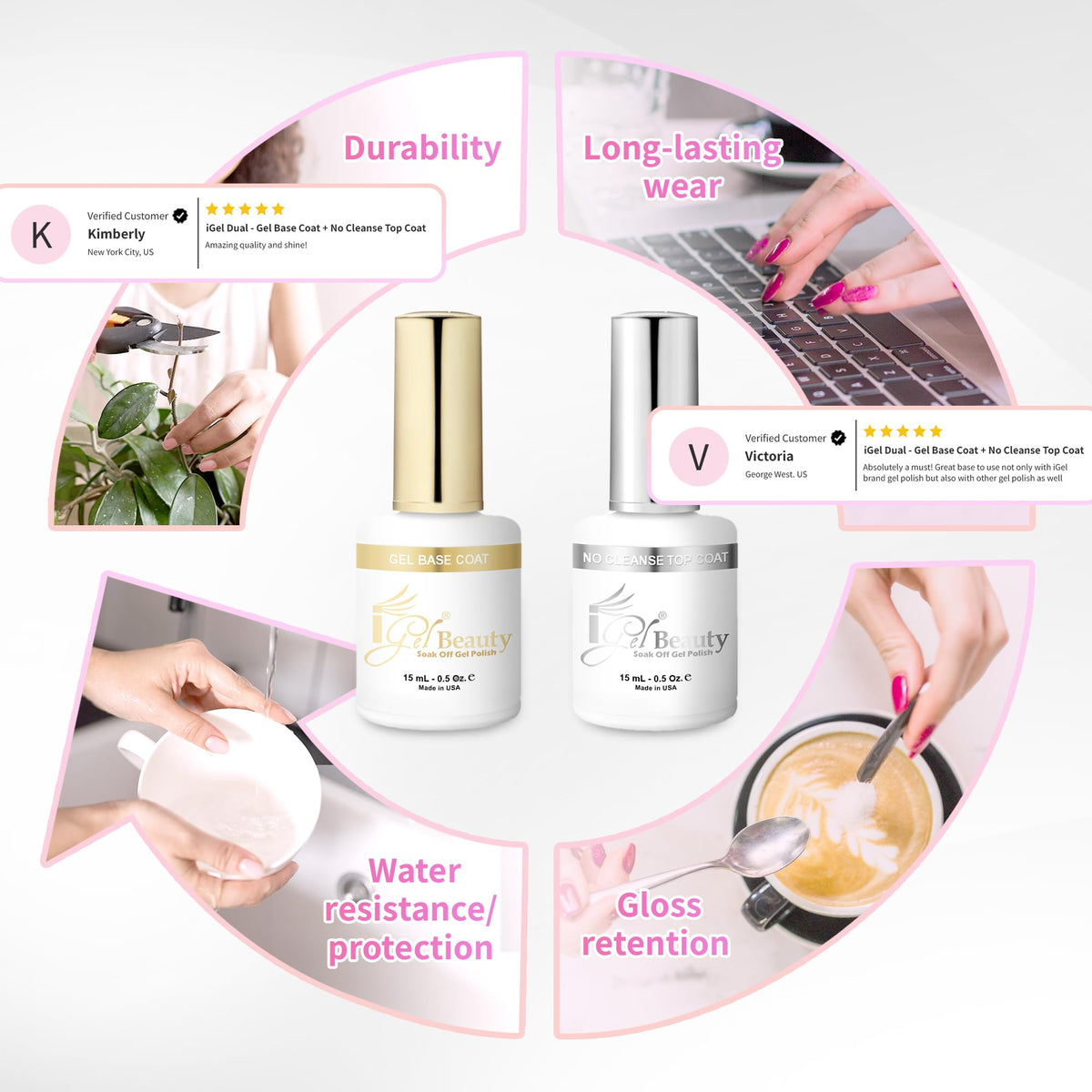 iGel Beauty bottle in hand for scale demonstrating professional 15 mL size