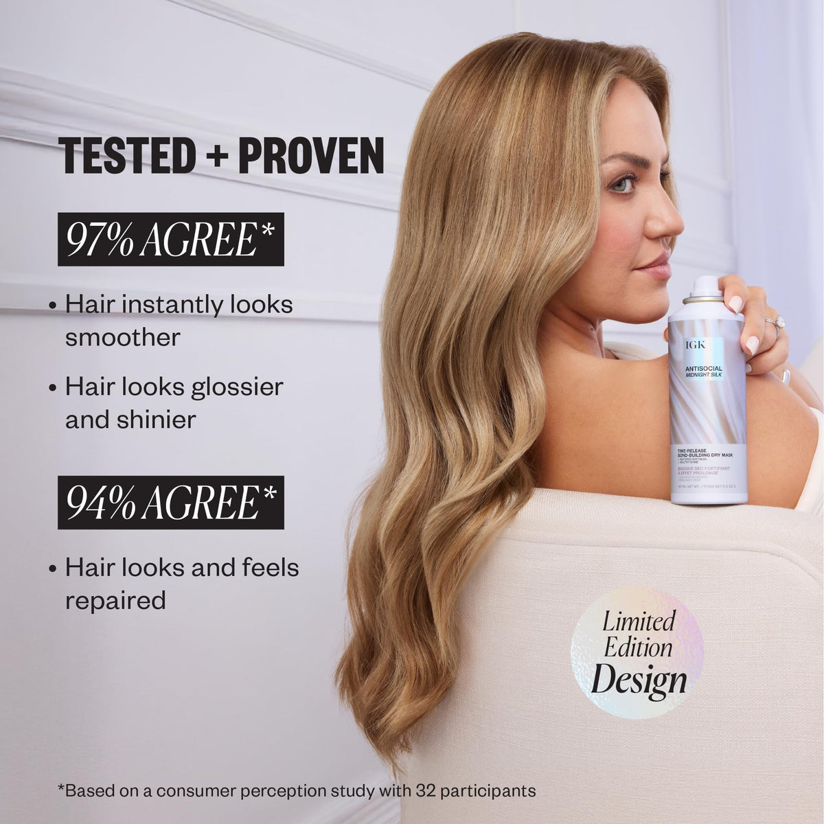 IGK Antisocial Midnight Silk label close-up highlighting bond-building peptides benefit