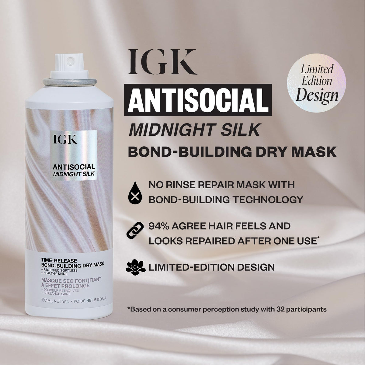 IGK Antisocial Midnight Silk spray nozzle close-up for precise, no-rinse application benefit