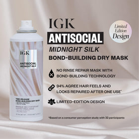 IGK Antisocial Midnight Silk spray nozzle close-up for precise, no-rinse application benefit