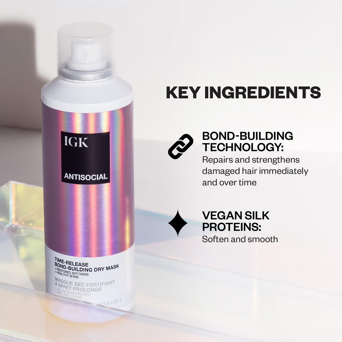 IGK Antisocial label detail highlighting bond-building and vegan formula