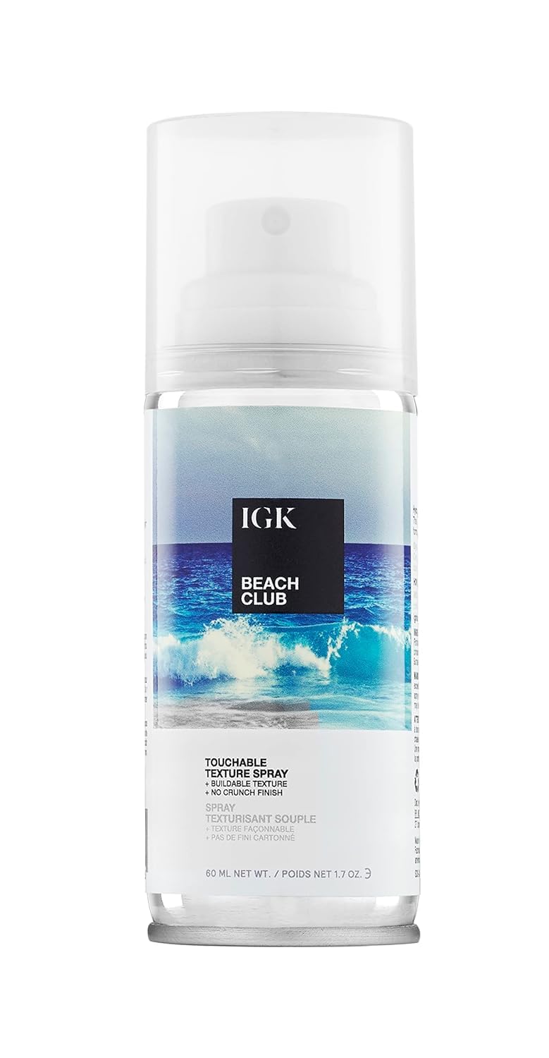 IGK front packaging of BEACH CLUB travel spray shows compact size and salon styling benefit