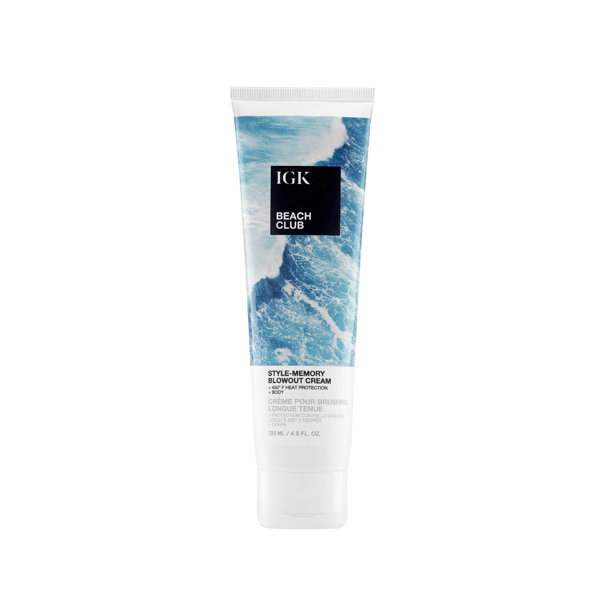 IGK Beach Club front packaging showing label and bottle, highlighting salon-quality styling