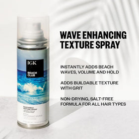 IGK spray creating visible sea-swept texture on hair for instant volume