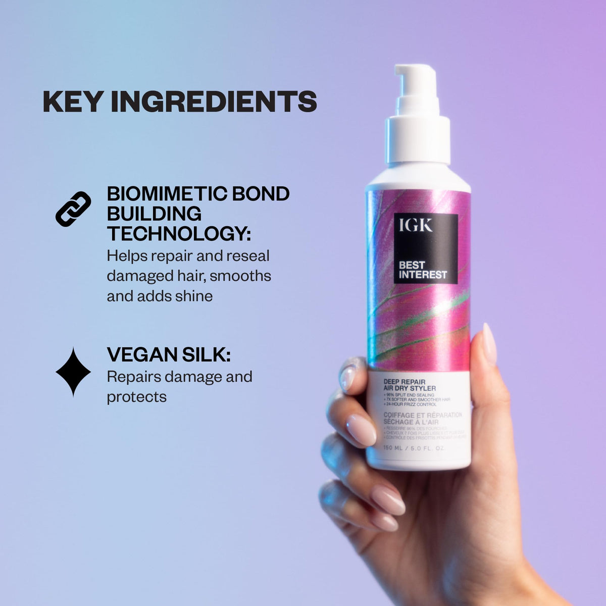 IGK Best Interest dispensing product from bottle to hand to demonstrate controlled, concentrated use