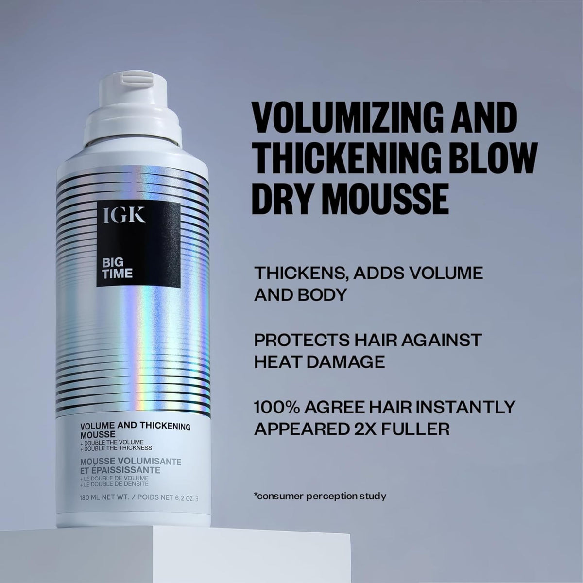 IGK big time on model during blow-dry showing increased body and frizz control benefits