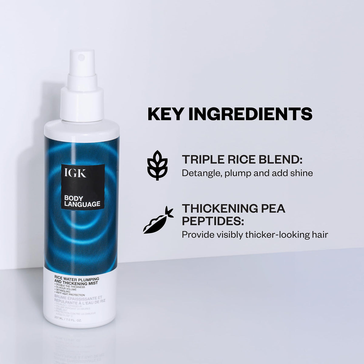 IGK close-up of mist texture highlighting rice water essence for hydration