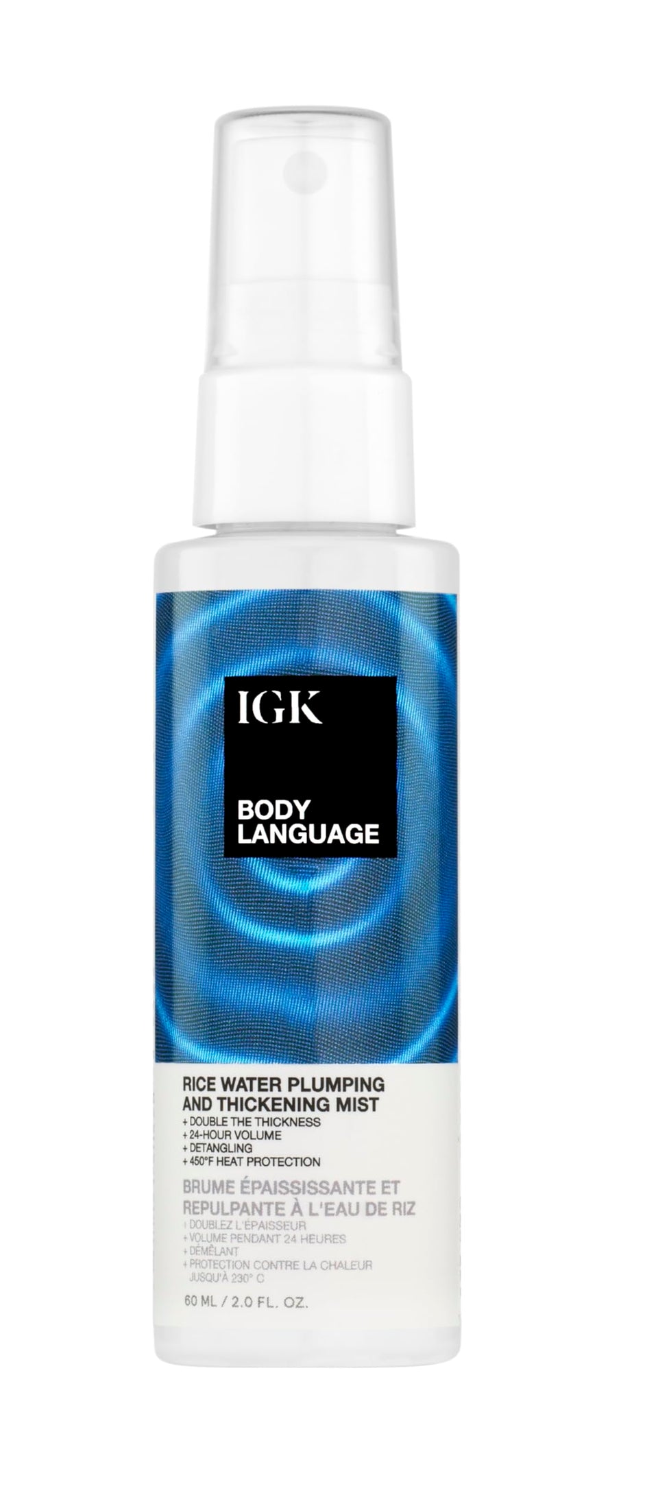 IGK bottle front view showing travel-size and volumizing benefit