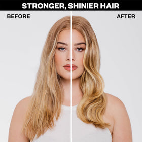 IGK Cash In applied to damp hair mid-lengths illustrating heat protection and smoothing
