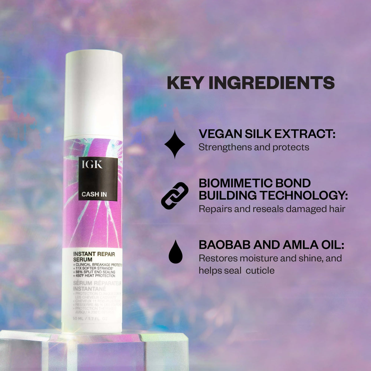 IGK Cash In lightweight serum texture in palm showing non-greasy absorption benefit