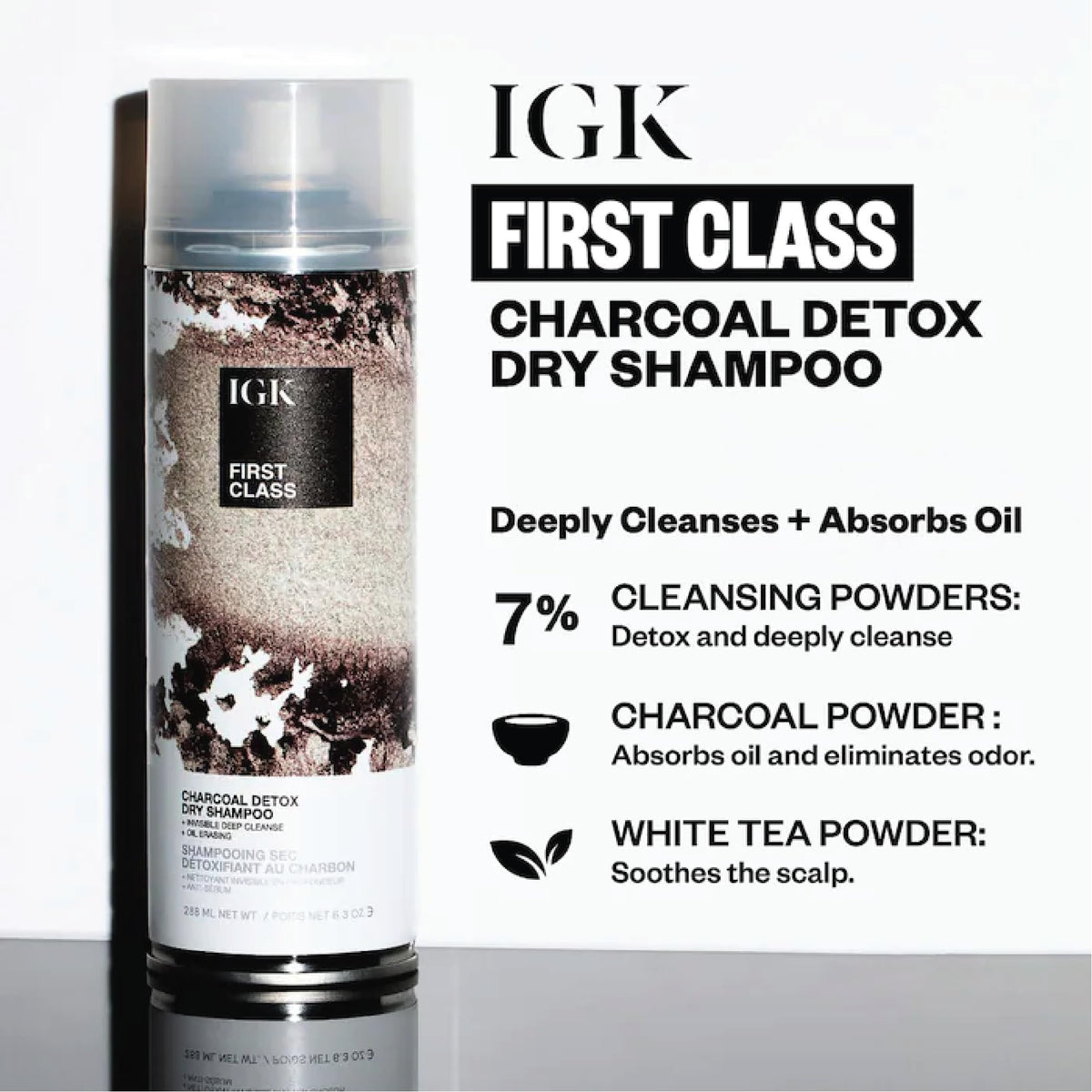 IGK charcoal powder texture close-up highlighting deep oil absorption