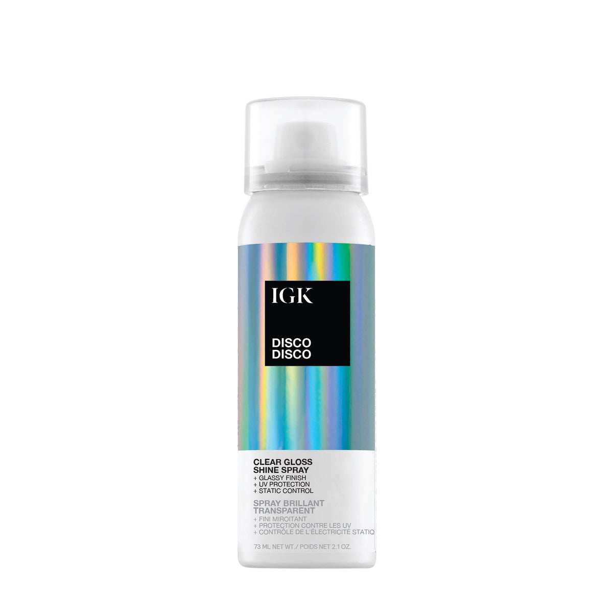 IGK Disco Disco front packaging showing compact travel bottle and shine claim