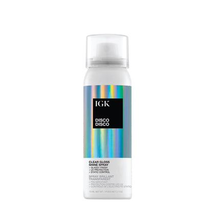 IGK Disco Disco front packaging showing compact travel bottle and shine claim
