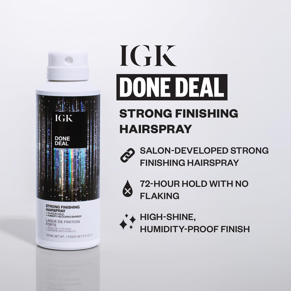 IGK Done Deal aerosol mist close-up demonstrating ultra-fine spray benefit