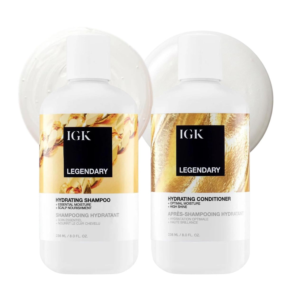 IGK front packaging of shampoo and conditioner showing duo benefits