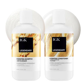 IGK front packaging of shampoo and conditioner showing duo benefits