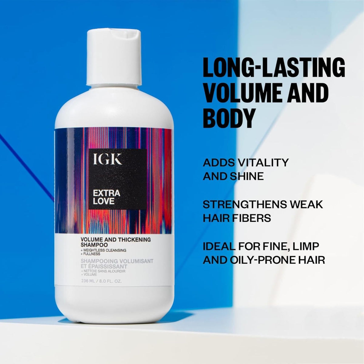 IGK bottle next to 8 oz measure showing actual product size