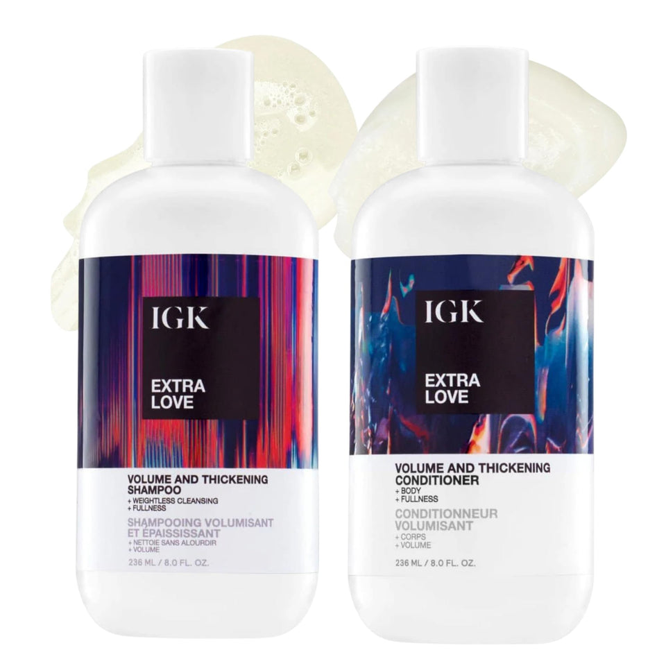 IGK Extra Love front packaging showing pair and volume benefit