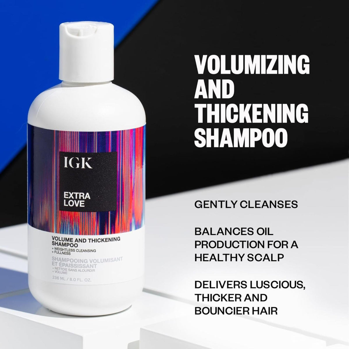 IGK label and pump detail highlighting ingredients and ease