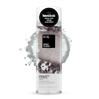 IGK front packaging of charcoal detox dry shampoo showing product benefit of clean roots