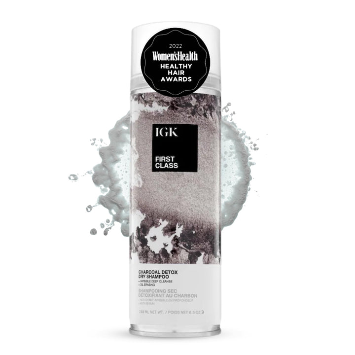 IGK front packaging of charcoal detox dry shampoo showing product benefit of clean roots
