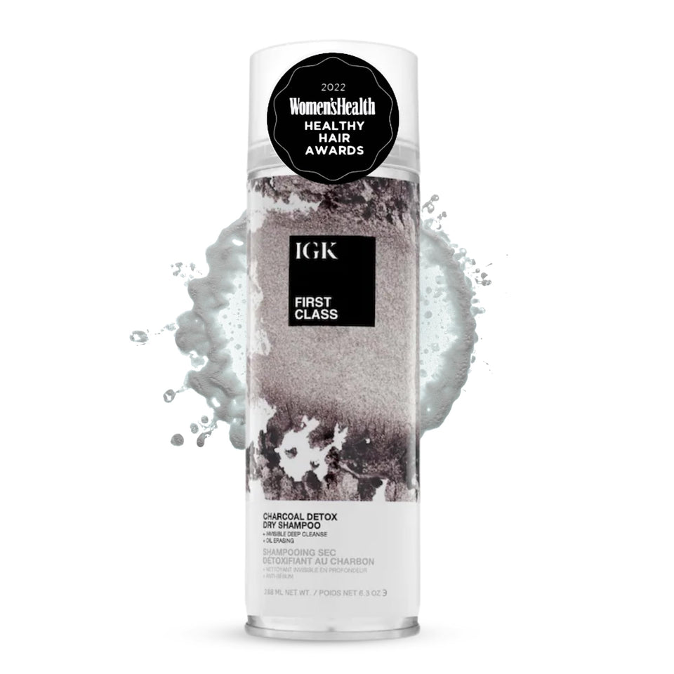 IGK front packaging of charcoal detox dry shampoo showing product benefit of clean roots