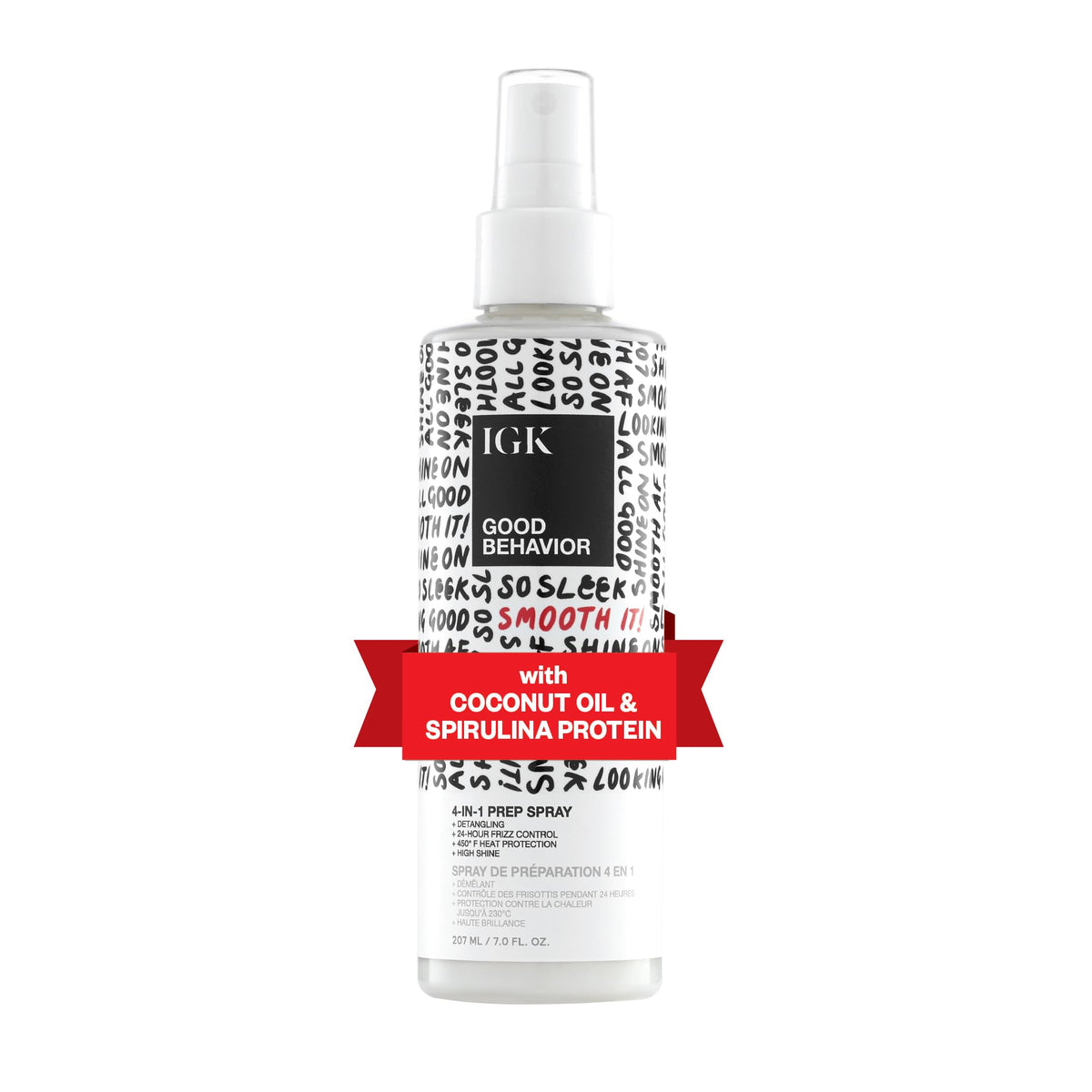 IGK front packaging of Good Behavior 4-in-1 prep spray showing size and label benefits