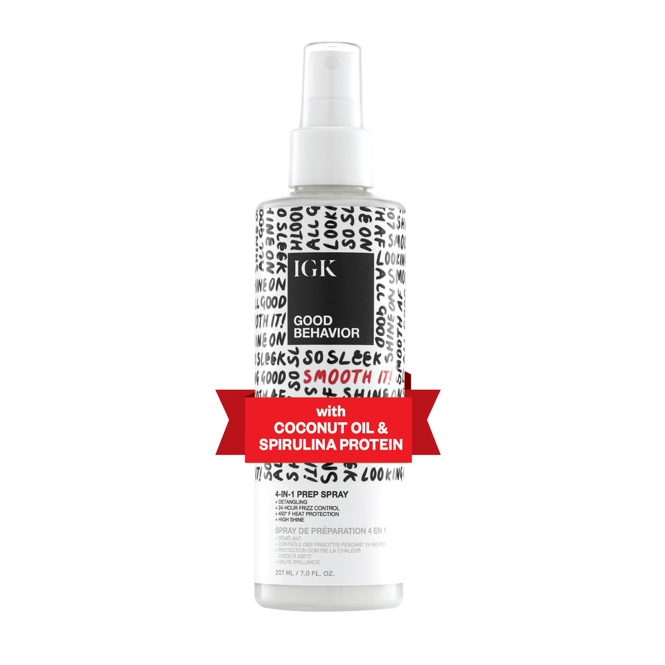 IGK front packaging of Good Behavior 4-in-1 prep spray showing size and label benefits