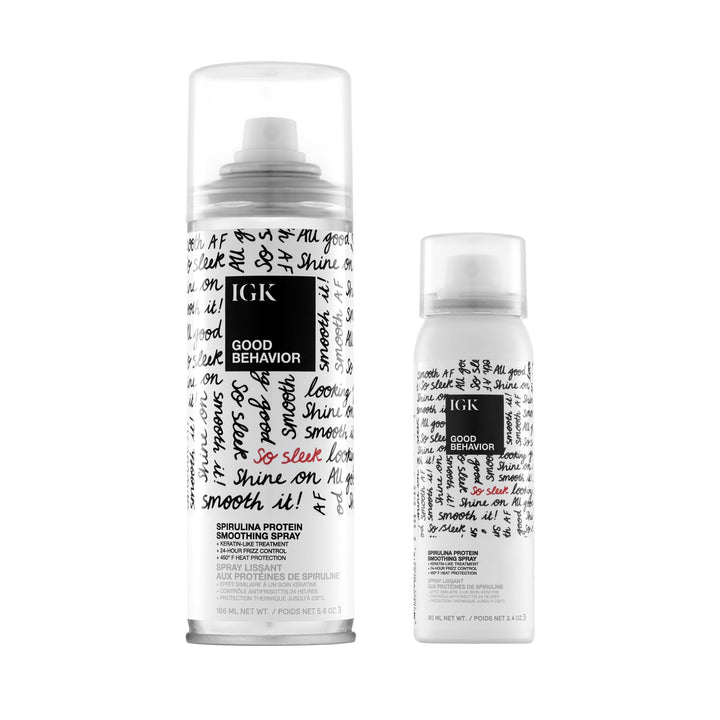 IGK front packaging showing full-size and travel-size for smooth hair benefits