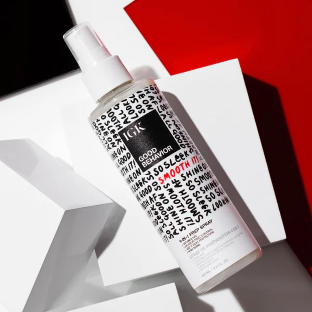 IGK bottle on bathroom vanity with styling tools, evokes everyday use