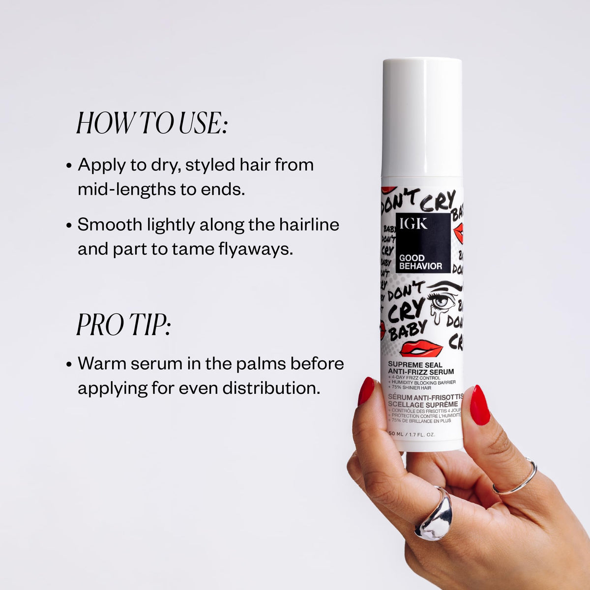 IGK serum texture pouring to show lightweight oil and glossy finish benefit