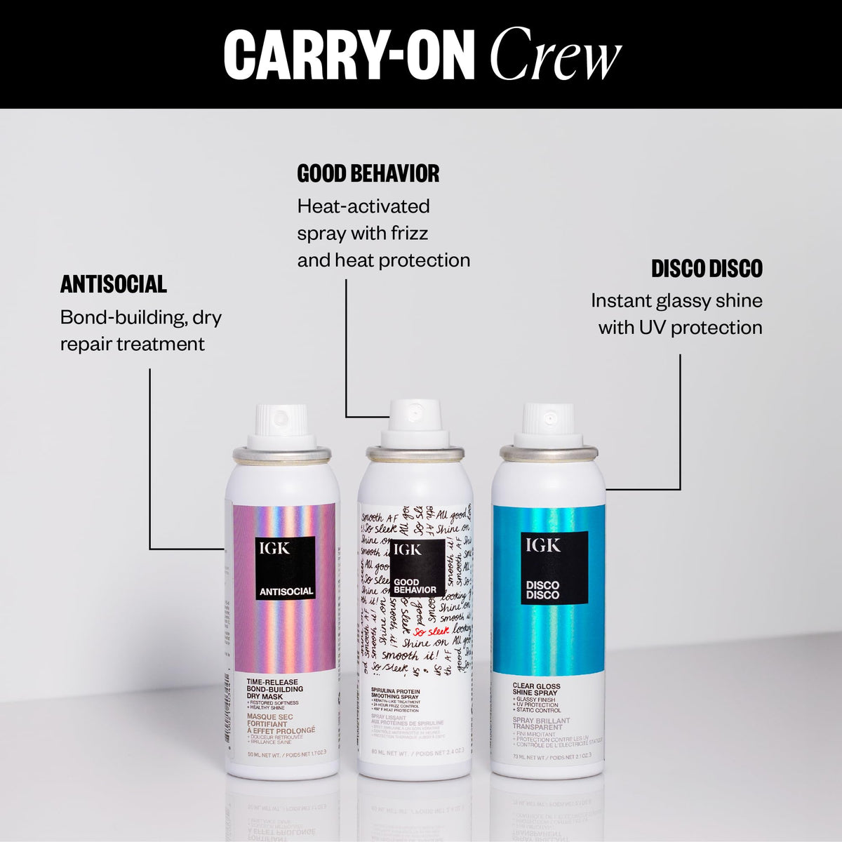 IGK GOOD BEHAVIOR smoothing spray close-up highlighting texture and nozzle benefit