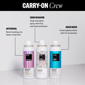 IGK GOOD BEHAVIOR smoothing spray close-up highlighting texture and nozzle benefit